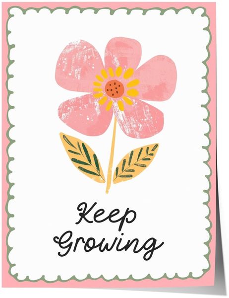 Poster Kinderzimmer Blume · Keep Growing Spruch · Liebevolle Deko mit Botschaft · Pastellfarben & Naturmotiv · Dekoprint ohne Rahmen - 40x50cm