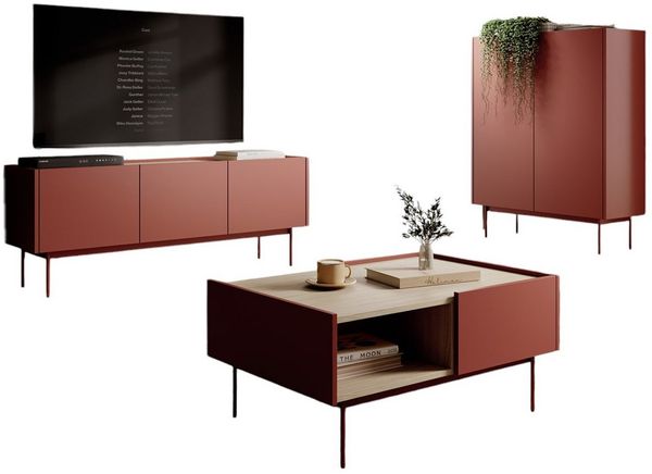 Compleo Wohnzimmer-Set (TV-Lowboard, Kommode, Couchtisch) Möbelfarbe Kaschmir oder Rot