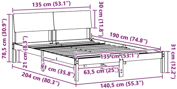 vidaXL Bettgestell Braun und hellgrau 135 x 190 cm Massivholz Kiefer 878549 Bild 10