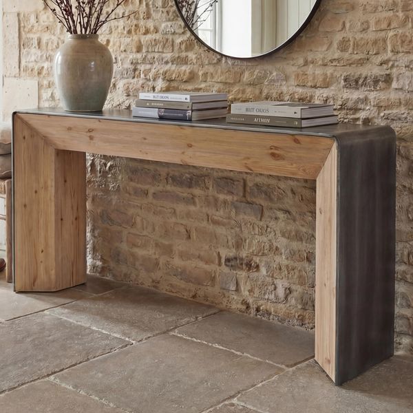 Konsolentisch HWC-L76, Telefontisch Beistelltisch Tisch, Industrial Massiv-Holz MVG, 80x120x40cm natur mit Metall-Optik
