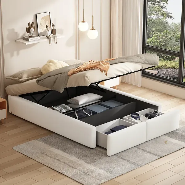Futonbett mit Bettkasten, Lattenrost und Schubladen, 140x200 cm, Bezug, Leinen