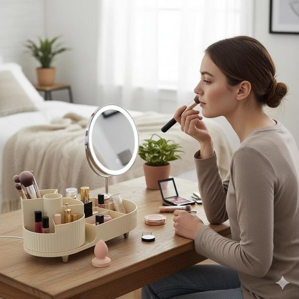 FELIXLEO Make-Up Organizer Make up Organizer 360 Drehbar Beige mit Pinsel Reiniger Großer, 1-tlg.