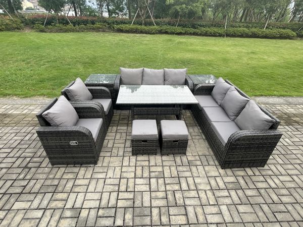 Fimous Terrassenmöbel Set Polyrattan Langer Rechteckiger Esstisch und Sofa set mit Tisch Sessel 2 Beistelltischen 2 kleine Fußhockern Dunkelgrau gemischt
