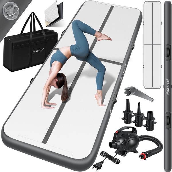 KESSER® Turnmatte Aufblasbar Airtrack 2m/3m/4m/5m/6m Fitness-Matte Gymnastikmatte | inkl. Tragetasche & elektr. Luftpumpe | Yogamatte, Tumbling Matten, Trainingsmatte, Turn- & Fitness Anthrazit, 500 x 100 x 10 cm