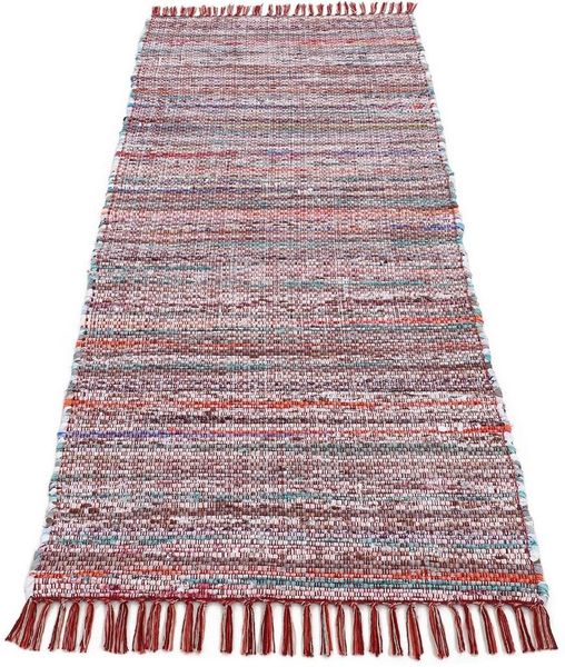 carpetfine 'Kelim Chindi' Teppich, Wendeteppich, rechteckig, Höhe: 6 mm, handgewebt, mit Fransen, Rot, 80 x 300 cm