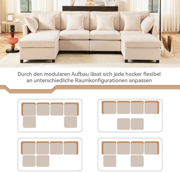 Big-Sofa mit Rückenkissen, Zierkissen und loser Kissen, 6-Sitzer Sofa, L-Form, U‑Form, Chenille Bezug Bild 3