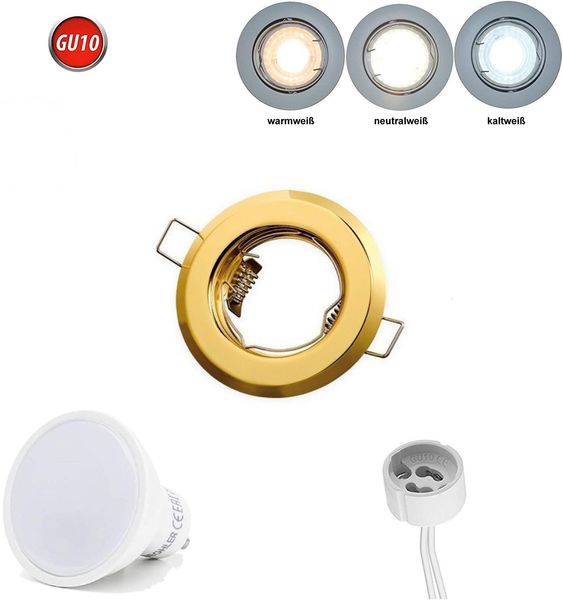Einbaustrahler GU10 Einbaurahmen Spot Strahler Ø60mm Bohrloch Aluminium inkl. GU10 3W Warmweiß 240 Lumen LED Leuchtmittel Gold Rund [Energieklasse A+]