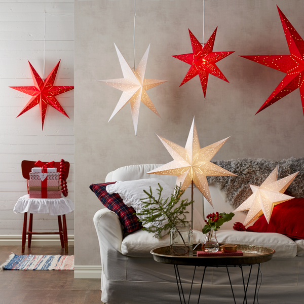 EGLO Weihnachtsstern für innen, Dekostern beleuchtet aus Papier zum Aufhängen, Fenster-Leuchtstern in Weiß, 3D Adventsstern mit Kabel, E14