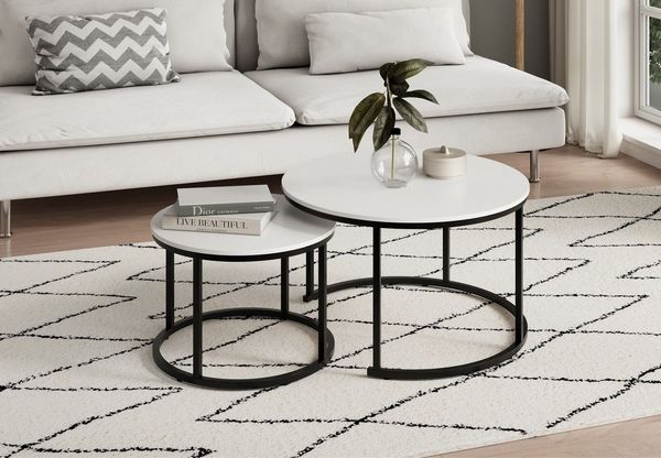Home Collective Couchtisch 2er Set aus Holz, Wohnzimmertisch Modern (Büro Beistelltisch Loft Design TWIN, kratzfeste Oberfläche, Set 2 in 1), weiß, Rund Beistelltisch Set 2 in 1, Metallgestell für Wohnzimmer