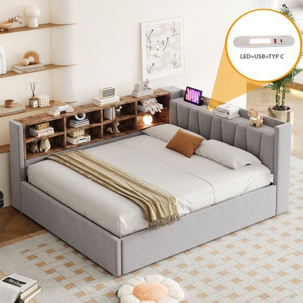 MODFU Schlafsofa Mit Hydraulischem Stauraum, Nachtlicht, USB & Typ-C Ladeanschlüssen, Samt,Polsterbett mit Ablagen und Staufächern, Multifunktionales Kinderbett 140x200 cm, Inklusive Matratze