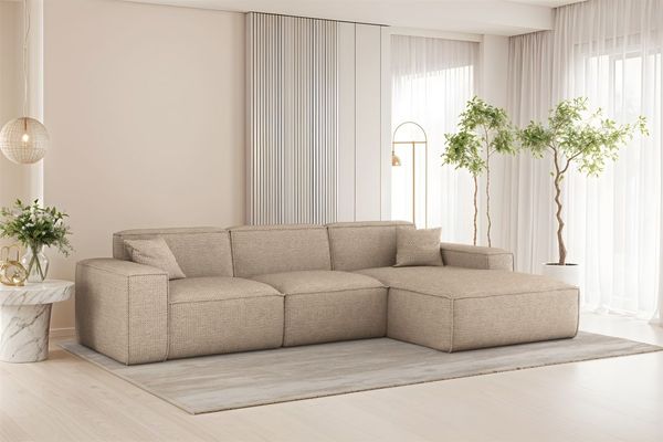 Ecksofa Designersofa CELES PREMIUM in Stoff Artico Beige Ottomane Rechts