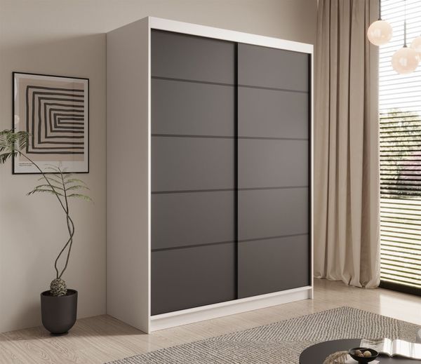 Schiebetürenschrank Schrank CALNT Weiß- Schwarz matt 150 x 200 x 58 cm