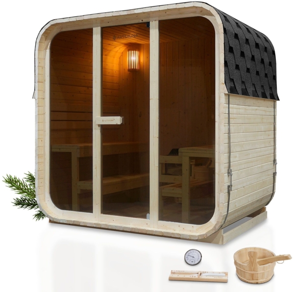Artsauna Cube Fasssauna Fjora, Gartensauna für 6 Personen aus Fichte, 9 kW Saunaofen, LED-Beleuchtung, Zubehörset mit Sanduhr & Thermometer
