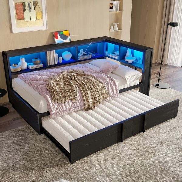 Merax Daybett 90x200cm mit LED-Beleuchtung und USB-Anschlüssen (Jugendbett Kinderbett aus Metall und MDF, 1 tlg), Tagesbett mit Ausziehbett & 5 Stauschränken, Sofabett, Schlafsofa