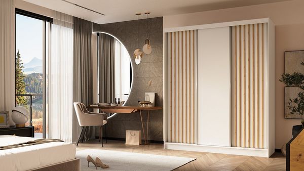 ALTDECOR Schiebetürenschrank LABELLO (Kleiderschrank Garderobenschrank mit viel Stauraum Moderner Schrank) Vielseitiger Schwebetürenschrank Lamellen LED Beleuchtung