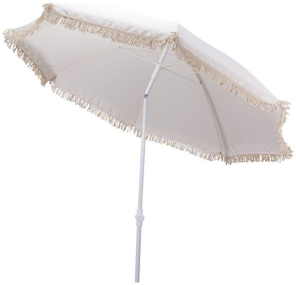 Meinposten Sonnenschirm Strandschirm Balkon Gartenschirm creme Fransen Boho chic UV30+ 155cm, abknickbar, Inkl. Transporttasche