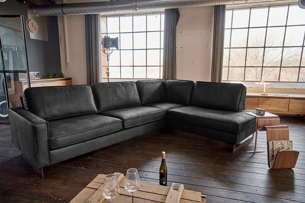 KAWOLA Ecksofa VILNIUS 3-Sitzer mit Recamiere rechts Lederfaserstoff schwarz 85 x 217 x 290 cm