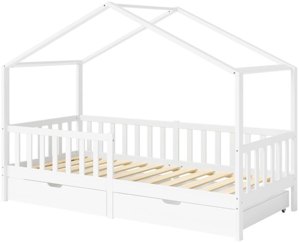 Bellabino 'Bia' Hausbett 90x200 cm mit 2 Schubladen, weiß, Kiefer Massivholz, Montessori Kinderbett mit Stauraum, inkl. Rausfallschutz und Lattenrost Bild 2