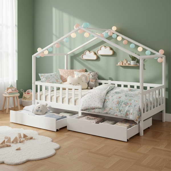 Bellabino 'Bia' Hausbett 90x200 cm mit 2 Schubladen, weiß, Kiefer Massivholz, Montessori Kinderbett mit Stauraum, inkl. Rausfallschutz und Lattenrost