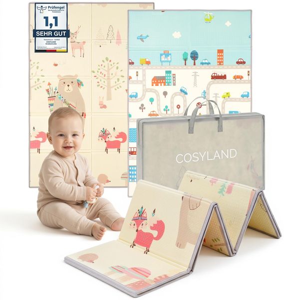 COSYLAND Krabbelmatte Baby Faltbar 150 x 180 x 1 cm - Doppelseitige XPE Spielmatte Baby mit Dickem Bär & Autostadt Motiven, Weiche Babymatte Spielteppich für Kinder, Babygeschenk
