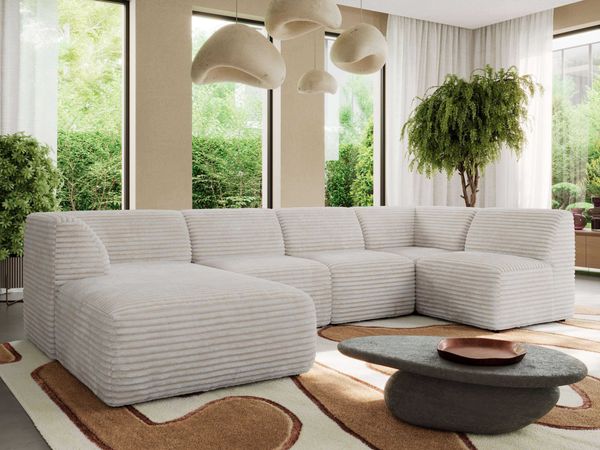 Modulares XXL-Ecksofa MODARO 5M, U-Form, Wohnlandschaft, 5-teilig, freistehend, Wohnzimmer Couch, HR-Schaumstoff - Beige Cord - Links