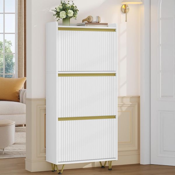 Schuhschrank mit 3 Klappen, Schuhkipper Schmal, Wellenförmiges Türblatt, Verstellbar, 16-18 Paar, Schuhkommode für Eingang, Flur, Garderobe, 24 x 60 x 146,5 cm, Weiß-Gold