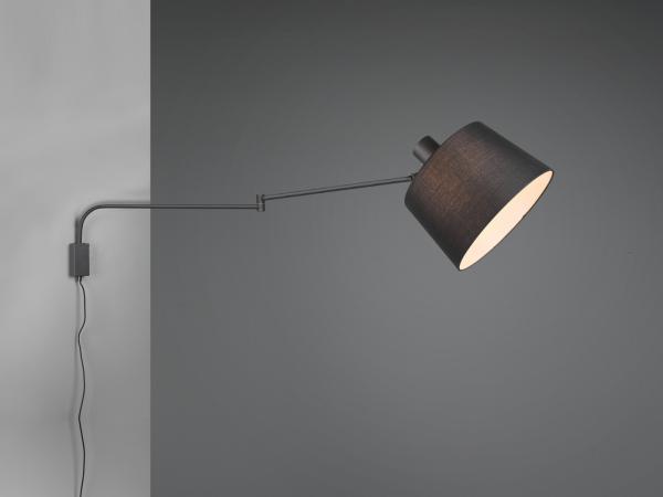 Schwenkarm LED Wandleuchte mit Stoffschirm Schwarz mit Schnurschalter & Stecker