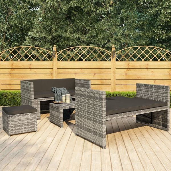 vidaXL 5-tlg. Garten-Lounge-Set mit Auflagen Poly Rattan Grau 48134