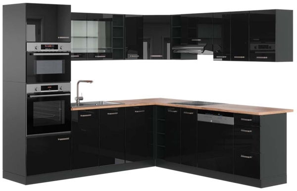 Eckküche R-Line Schwarz Hochglanz/Anthrazit 247 x 60 cm , AP Eiche Vicco
