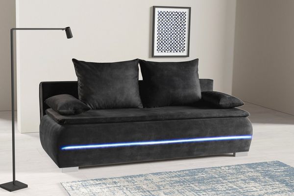 WERK2 Schlafsofa Tekla LED, Bettcouch Breite 206cm, Liegefläche 200/140cm, 2-Sitzer Schlafcouch mit Bettkasten & stylischer RGB-LED-Beleuchtung