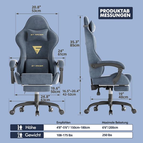 Ferghana Gaming-Stuhl Gaming-Stuhl: Kopfstütze, Lendenkissen, Armlehnen, Fußstütze (Packung), Ergonomischer PC-Stuhl,Rückenlehne 90°-125°
