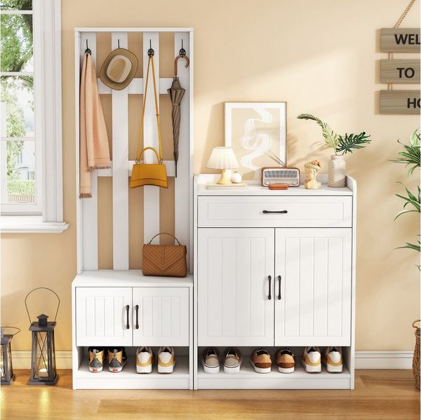 STILVORA Garderoben-Set Flurgarderobe mit Schuhschränke,Schuhwechsler-Set PB,Flurmöbel Weiß, (Wandhängeschrank, Flurtrockenständer, Kleiderschrank, 1-St, 140*32*180cm), Kombination: Bank + Garderobenpaneel + Schuhschrank