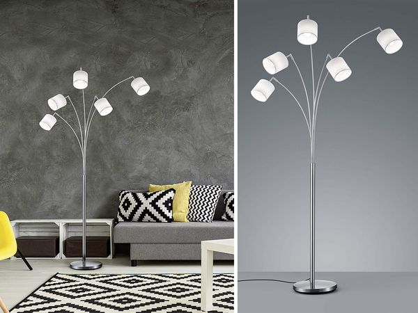 LED Stehleuchte 5 flammig Metall Silber Stoffschirm Weiß, Höhe 200cm
