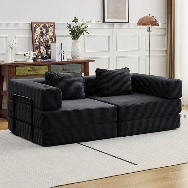Leawin Sofa Sofas Wohnzimmer, Schlafsofa aus Cord mit Bettfunktion, Faltbares Bodensofa mit Liegefunktion für kleine Räume
