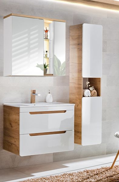 Badmöbel Set LUTON-56 Keramik-Waschtisch & LED-Spiegelschrank, Hochglanz weiß mit Wotan Eiche Nb. Nb. B/H/T ca. 131/195/46 cm