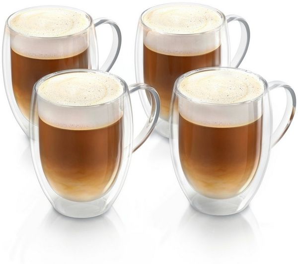 Arendo Gläser-Set doppelwandige Thermogläser mit Henkel, 350 ml Kaffeetasse, Trinkglas, 4-tlg, Glas, für Latte Macchiato, Cappuccino, Tee, hitzebeständig spülmaschinenfest
