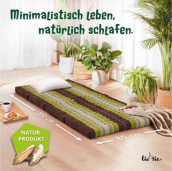 Klappmatratze Faltmatratze 80 cm (Classic) - 200x80x8cm, livasia, 8 cm hoch, Kapok, vegan, handgefertigt
