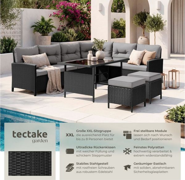 tectake Loungeset Rattan Sitzgruppe mit Sicherheitsglasplatten, für 6 bis 8 Personen, (Gartenlounge-set Barletta, 6-tlg, geeignet für Outdoor in Schwarz/Grau), widerstandsfähig und UV-beständig, dicke Rückenkissen