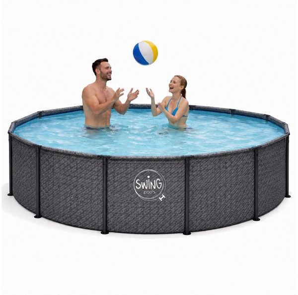 HAF Framepool Frame Pool Aufstellpool Schwimmbecken Grau Fischgräte rund 366 x 91 cm (Vollständiges Komplett Set mit Rahmen und Folie, Einfacher, schneller & unkomplizierter Aufbau), Lieferumfang OHNE Filter oder Pumpe