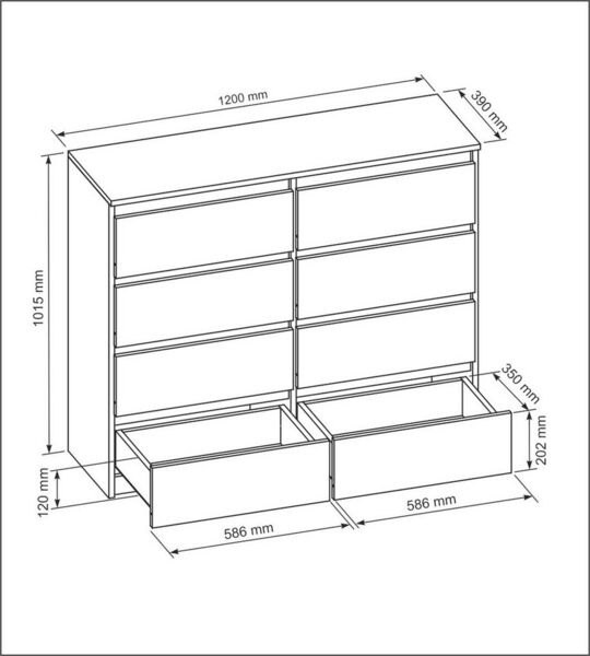 meble masztalerz Kommode Weiss Hochglanz mit 8 Schubladen 120 cm, Sideboard Wohnzimmer, Kommode Schlafzimmer H: 101,5 cm, B: 120,4 cm, T: 39 cm Kommode mit Schubladen, Schubladenschrank