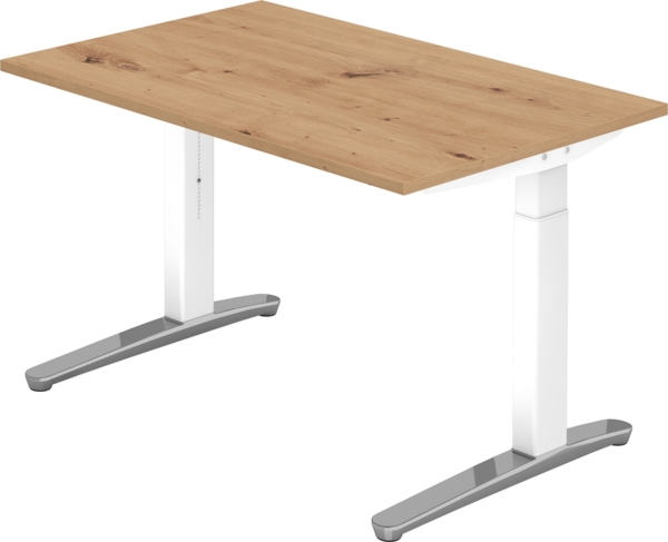 bümö manuell höhenverstellbarer Schreibtisch 120x80 in Asteiche, Gestell in weiß/alu - PC Tisch höhenverstellbar & klein, höhenverstellbarer Tisch Büro, kleiner Computertisch verstellbar, X12-R-WC