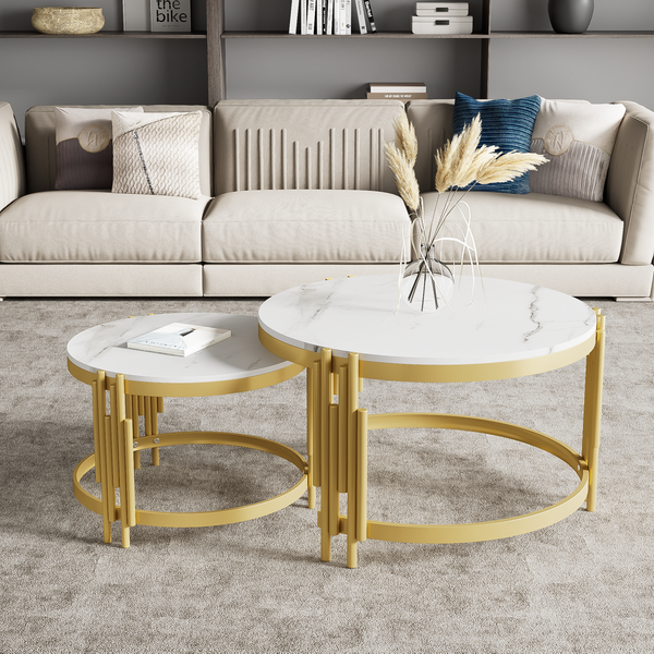 Couchtisch-Set 2-tlg. rund mit Marmoroptik & Gold in Nestbauweise - 71,5x71,5x44 + 51,5x51,5x37 cm