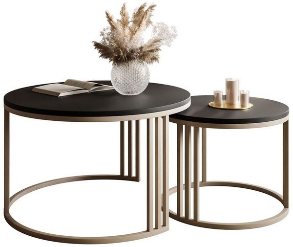 Lookway Couchtisch LORI 2in1 MATT, runder Couchtisch mit kaschmirfarbenem Gestell (2er Set), Durchmesser: ⌀70 cm und ⌀50 cm
