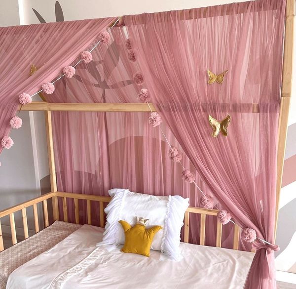 Baby Fancyroom Betthimmel Betthimmel Tüll Hausbett Kinderbett 2 Stück 340cm 380cm Montessori (3-tlg. Set mit 2x Betthimmel und einer 20er Pomponkette, Baldachin, Kinder Betthimmel Baldachin Himmel Deko Set), Betthimmel für Hausbett Montessori