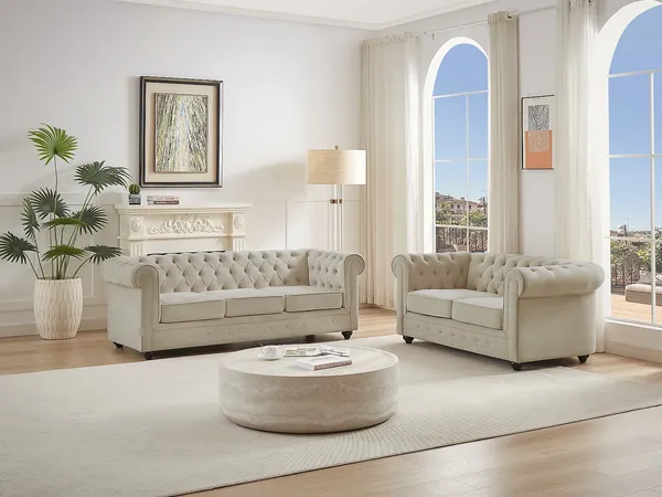 Vente-unique - CHESTERFIELD Couchgarnitur SamtStoff Beige - B 88 cm x H 72 cm x L 165 cm205 cm