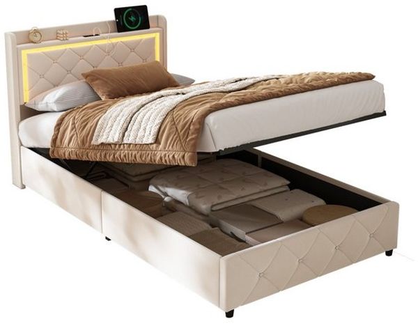 PXloue Polsterbett LED Einzelbett 90x200cm mit Ladefunktion und hydraulischem Stauraum, Geeignet für kleine Wohnungen (mit zusätzlichem Stauraum) Bild 4