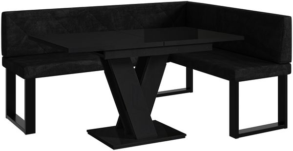 MEBLINI Eckbank für Esszimmer mit ausziehbarem Tisch - Küchenbank - Essecke - Sitzecke Küche - ERIC - U-Beine 128x168x87cm Rechts - Graphit Samt/M Schwarz Hochgl.