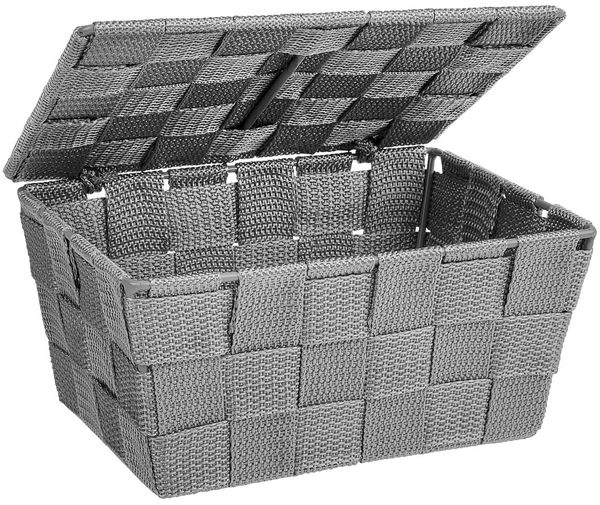 WENKO Aufbewahrungskorb mit Deckel Adria Grau - Badkorb, Küchenkorb, Polypropylen, 19 x 10 x 14 cm, Grau