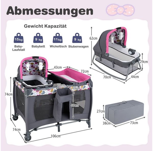 COSTWAY Baby-Reisebett, 1-tlg, Laufstall, Babybett mit Babywiege, Wickeltisch, Matratze