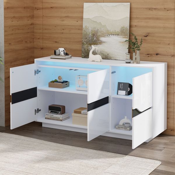 Sideboard 140 x 40 x 70 cm mit 3 Türen, LED und verstellbaren Einlegeböden – Wohnzimmerschrank in Weiß/Schwarz